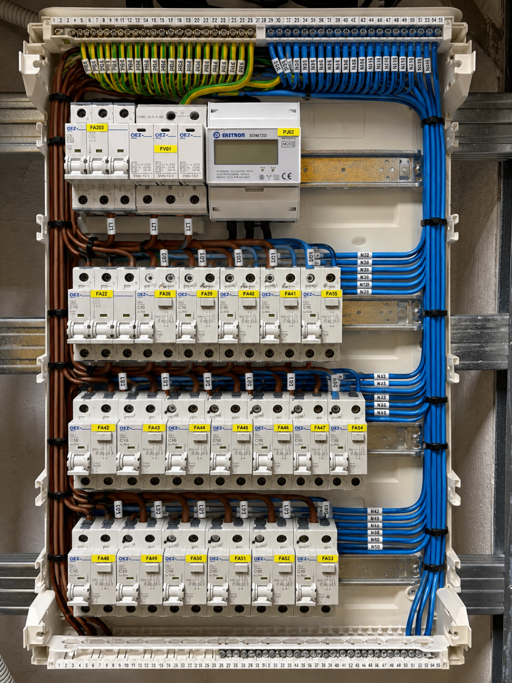 Rozvaděč bytu s elektroměrem a popsanými okruhy